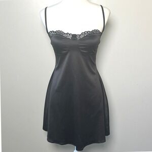 LYANER Womens S Black Satin Lace Trim Slip Dress Mini Whimsygoth Babydoll Grunge